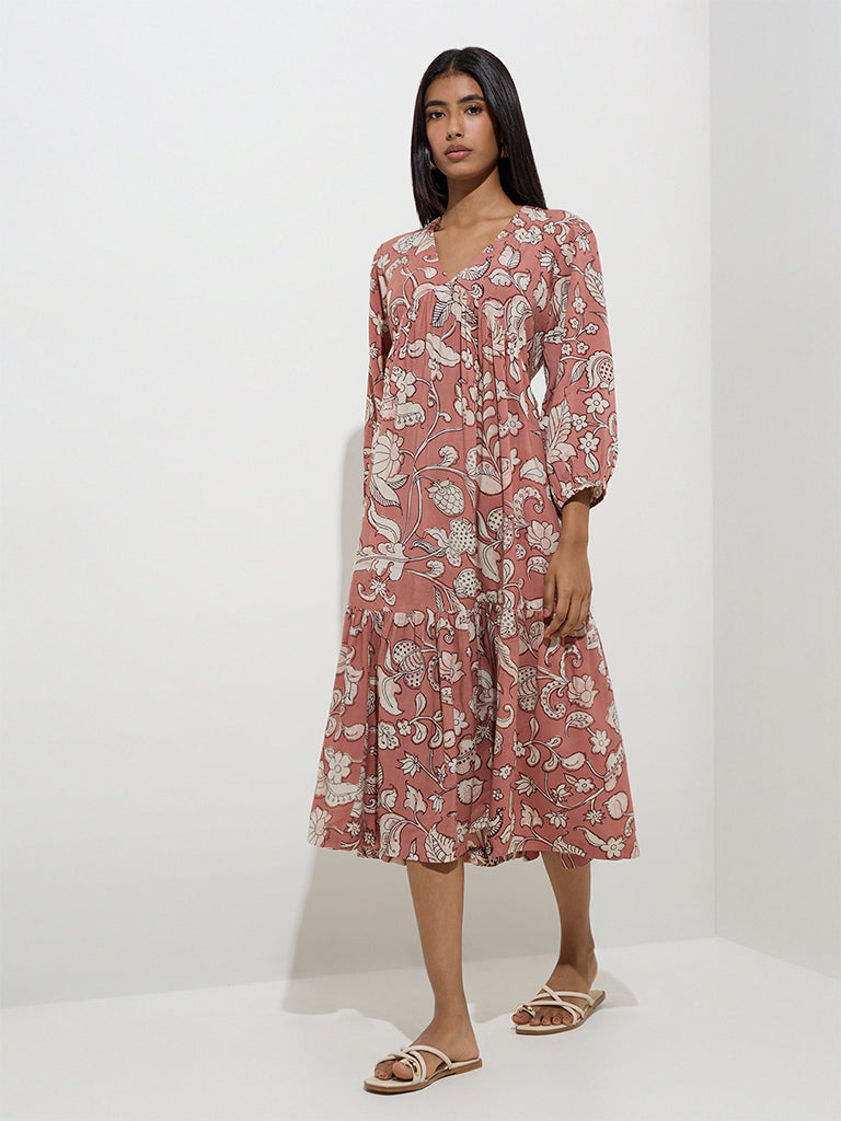 Utsa Dusty Pink Foliage Printed Tiered Dress