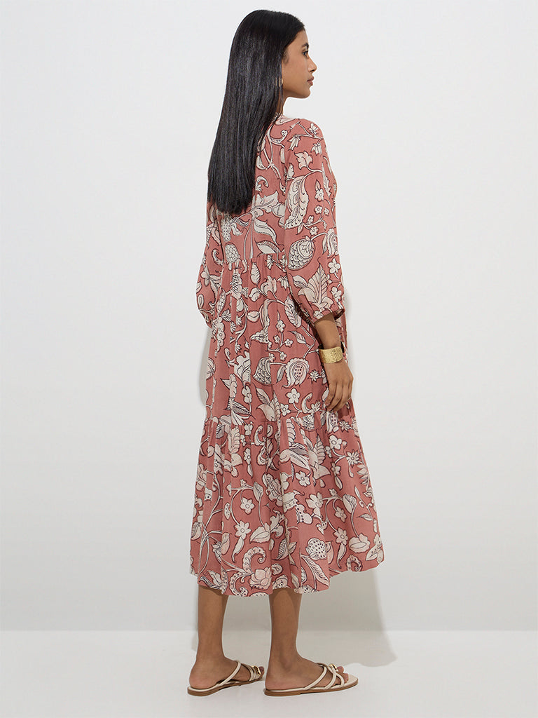 westisde Utsa Women's Dusty Pink Foliage Printed Tiered Dress for Work Wear Back View