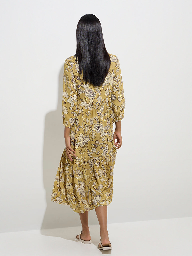 westisde Utsa Women's Mustard Foliage Design Tiered Dress for Work Wear Back View