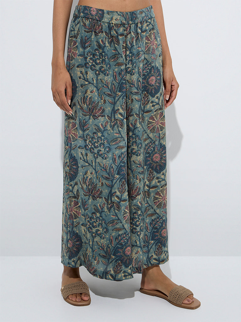 Utsa Blue Floral Printed Palazzos