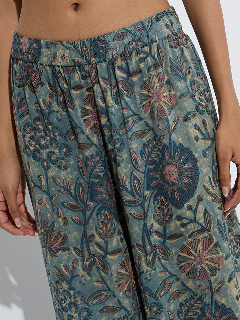 Utsa Blue Floral Printed Palazzos