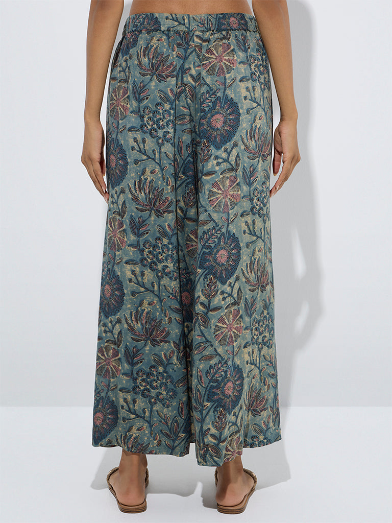 westisde Utsa Women's Blue Floral Printed Palazzos for Everyday Back View