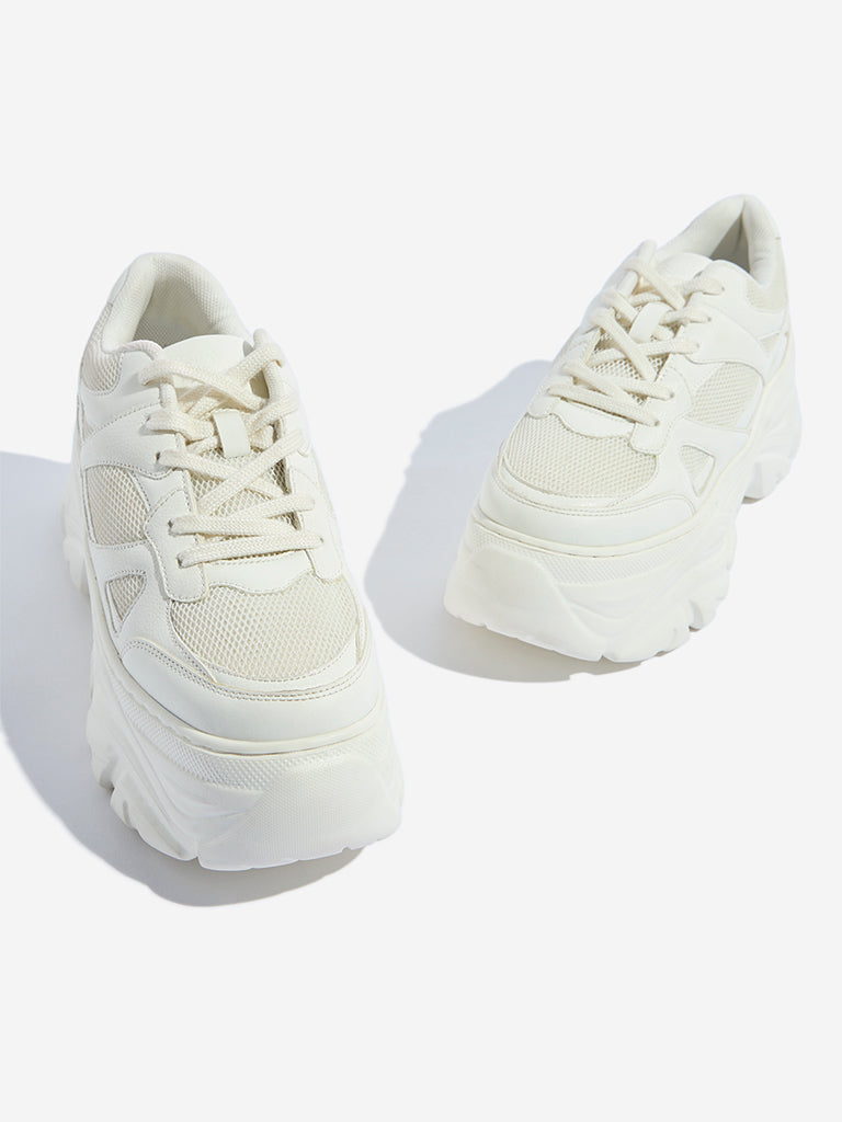 Westside LUNA BLU Women's White Mesh-Detailed Lace-Up Sneakers for Casual Wear Zoomed View