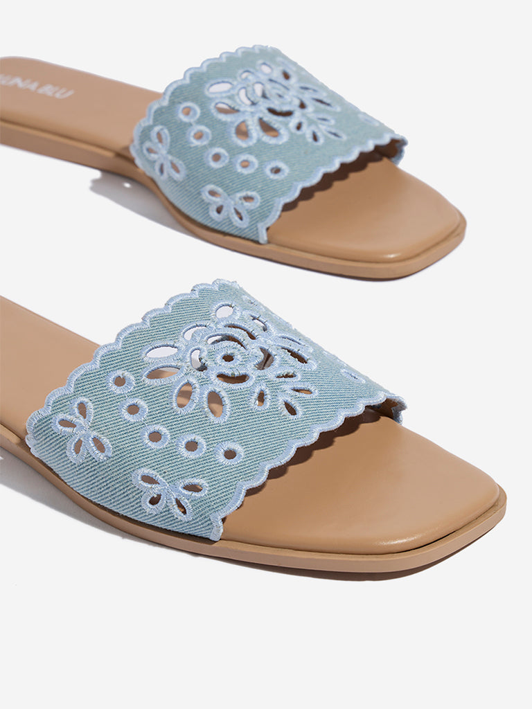 Westside LUNA BLU Women's Light Blue Floral Cut-Out Detailed Slides for Casual Wear Zoomed View
