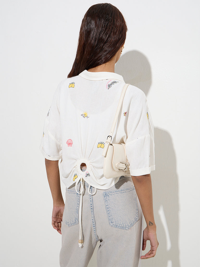 Westside Nuon Women's Off-White Printed Linen-Blend Shirt for Casual Wear Back View