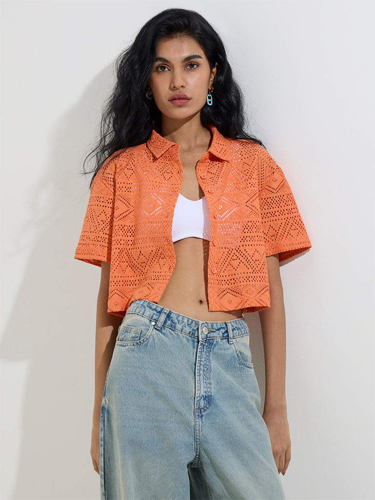 Nuon Orange Crochet-Lace Cotton-Blend Shirt