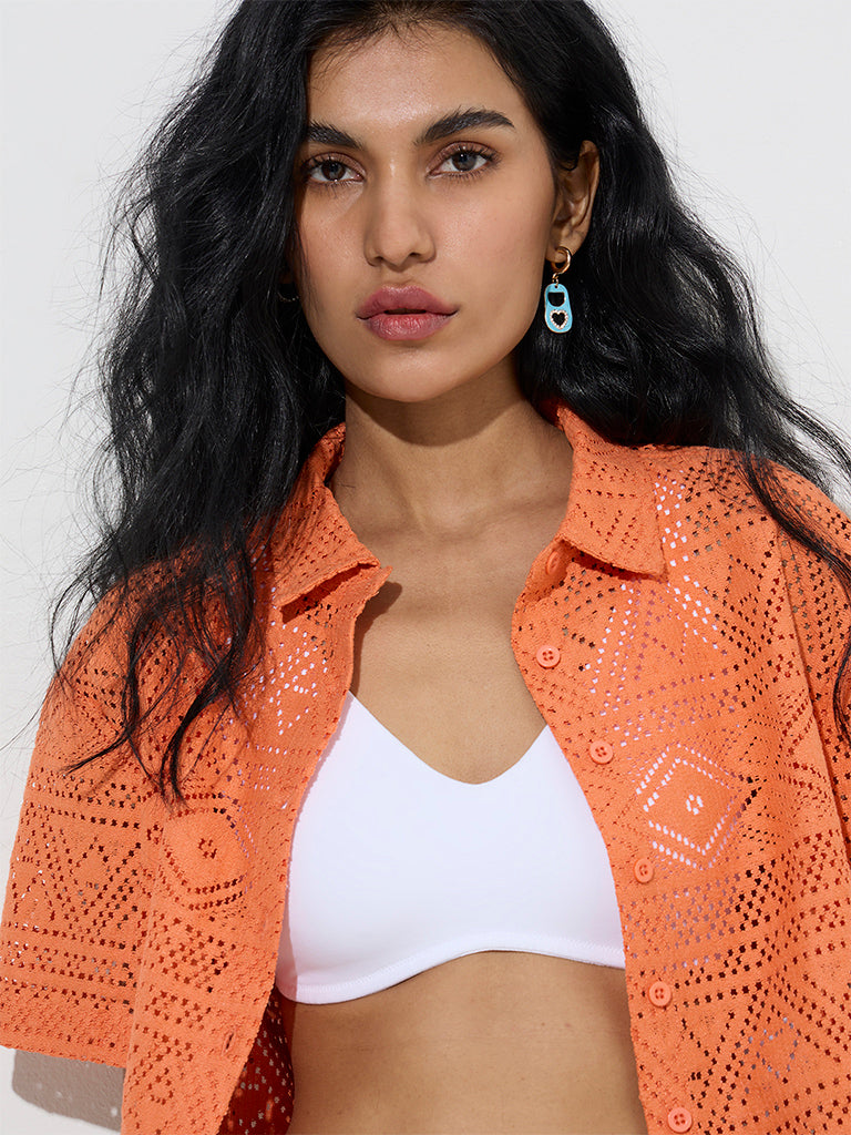 Nuon Orange Crochet-Lace Cotton-Blend Shirt