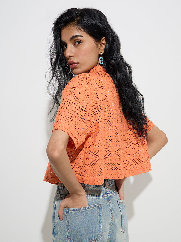 Nuon Orange Crochet-Lace Cotton-Blend Shirt