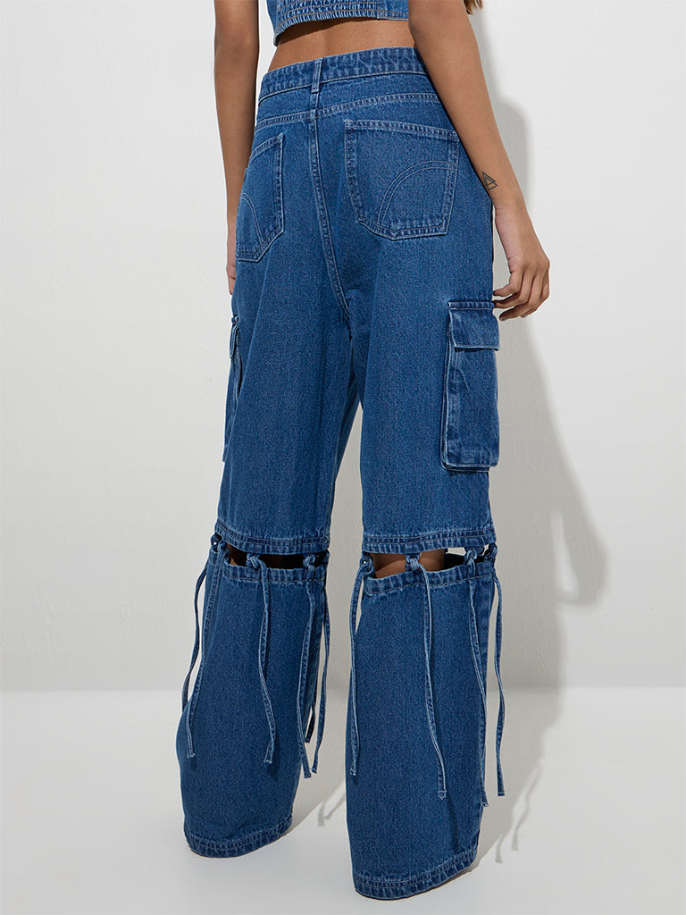 Westside Nuon Women's Blue Tie-Up Detailed Relaxed-Fit High-Rise Jeans for Casual Wear Back View