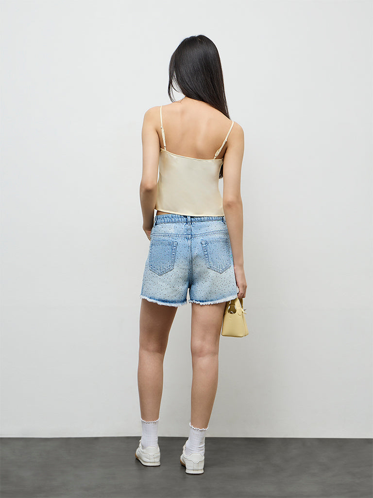 Nuon Light Blue Embellished High-Rise Denim Shorts