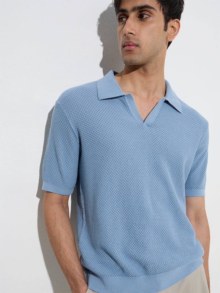 Ascot Dusty Blue Knitted Relaxed-Fit Cotton Polo T-Shirt