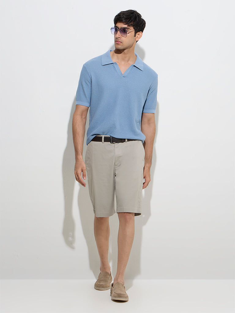 Ascot Dusty Blue Knitted Relaxed-Fit Cotton Polo T-Shirt