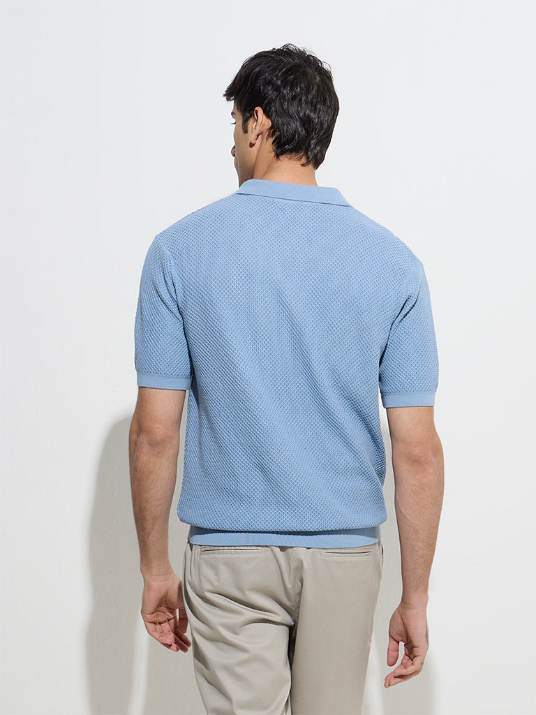 Ascot Dusty Blue Knitted Relaxed-Fit Cotton Polo T-Shirt