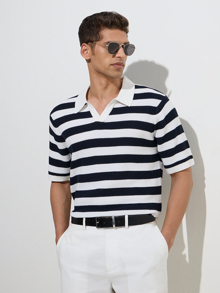 Ascot Navy Striped Relaxed-Fit Cotton-Blend Polo T-Shirt