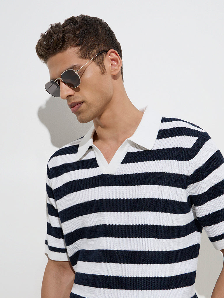 Ascot Navy Striped Relaxed-Fit Cotton-Blend Polo T-Shirt