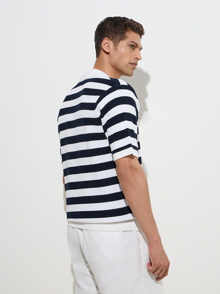 Ascot Navy Striped Relaxed-Fit Cotton-Blend Polo T-Shirt