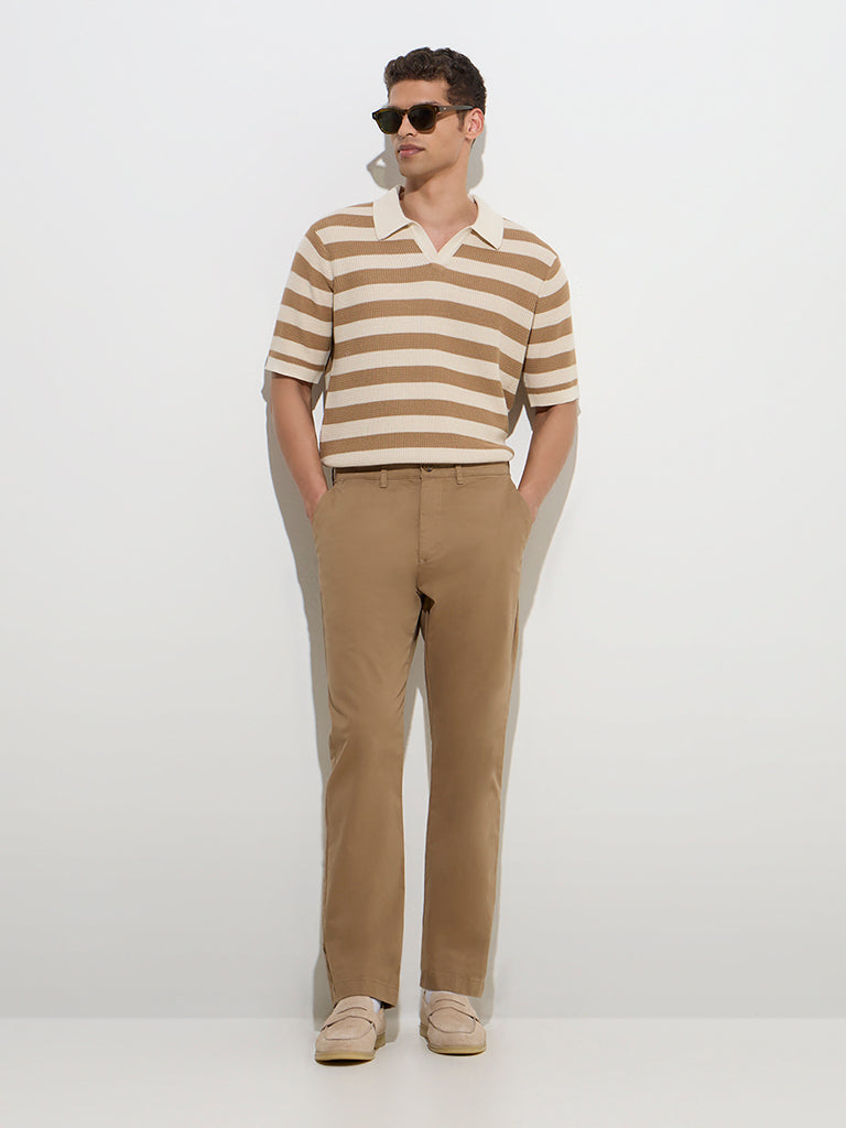 Ascot Taupe Striped Relaxed-Fit Cotton-Blend Polo T-Shirt