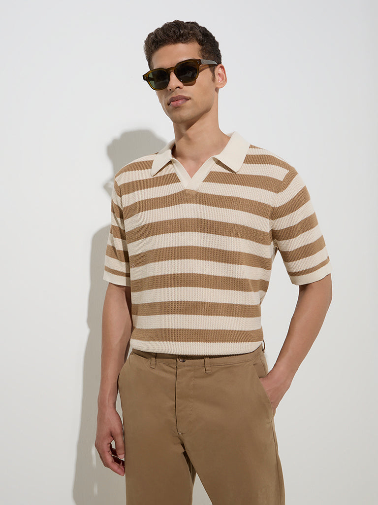 Ascot Taupe Striped Relaxed-Fit Cotton-Blend Polo T-Shirt