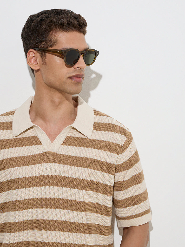 Ascot Taupe Striped Relaxed-Fit Cotton-Blend Polo T-Shirt
