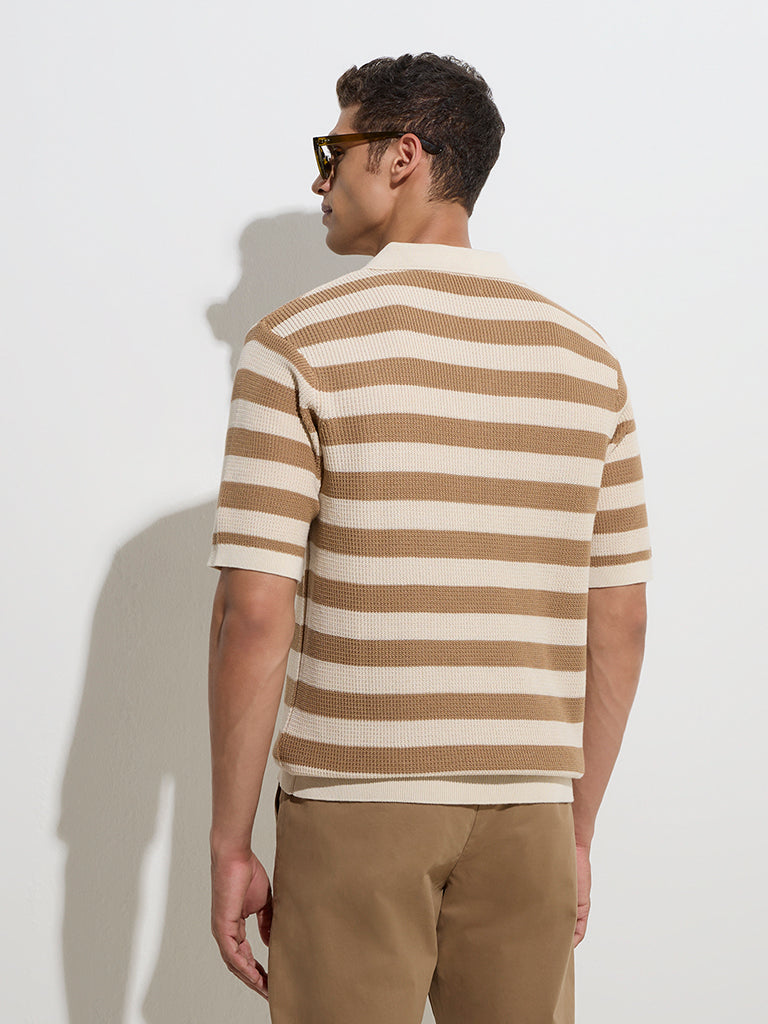 Ascot Taupe Striped Relaxed-Fit Cotton-Blend Polo T-Shirt