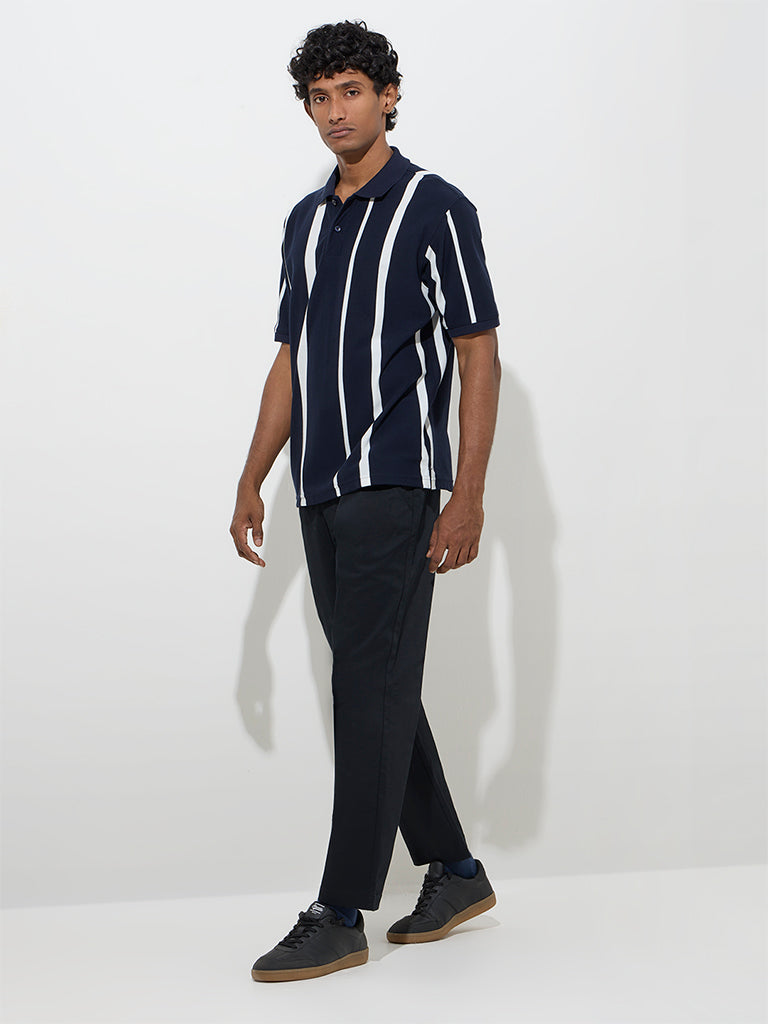 WES Casuals Black Relaxed-Fit Mid-Rise Cotton-Blend Trousers