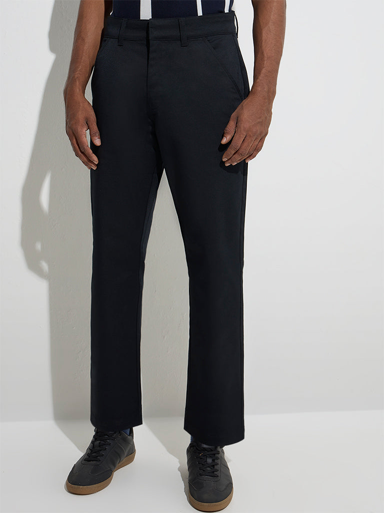 WES Casuals Black Relaxed-Fit Mid-Rise Cotton-Blend Trousers