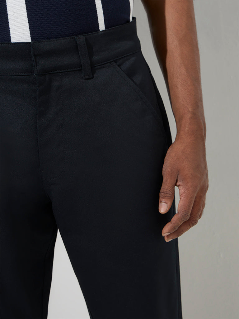 WES Casuals Black Relaxed-Fit Mid-Rise Cotton-Blend Trousers