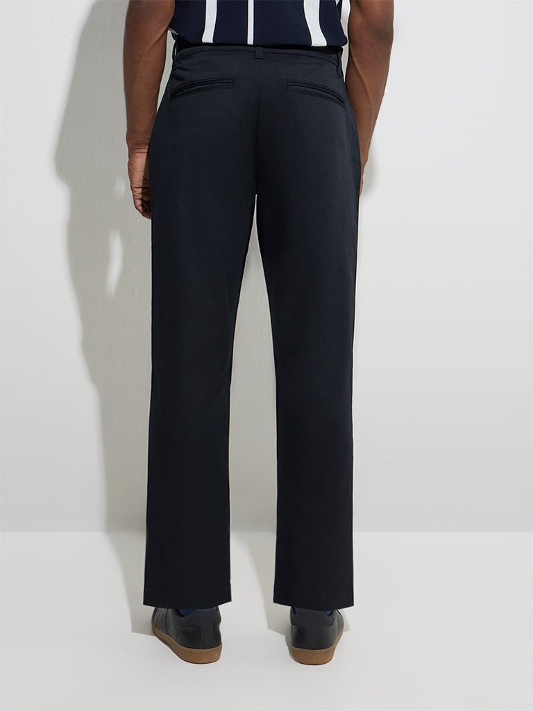 Westside WES Casuals Men's Black Relaxed-Fit Mid-Rise Cotton-Blend Trousers for Casual Wear Back View