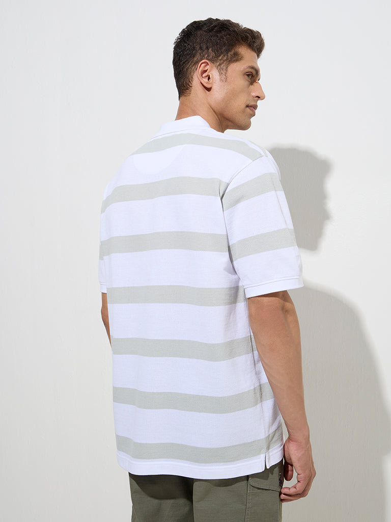 Westside WES Casuals Men's White Relaxed-Fit Cotton-Blend Polo T-Shirt for Casual Wear Back View