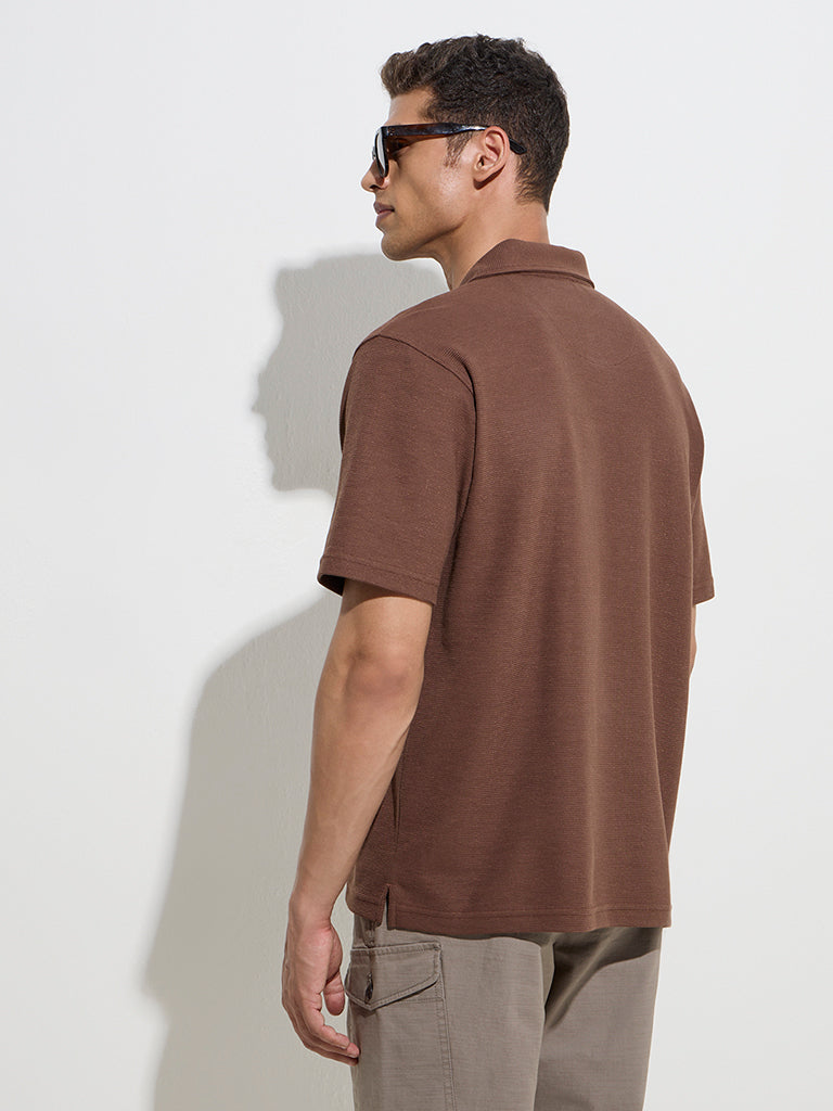 Westside WES Casuals Men's Brown Relaxed-Fit Cotton Polo T-Shirt for Casual Wear Back View