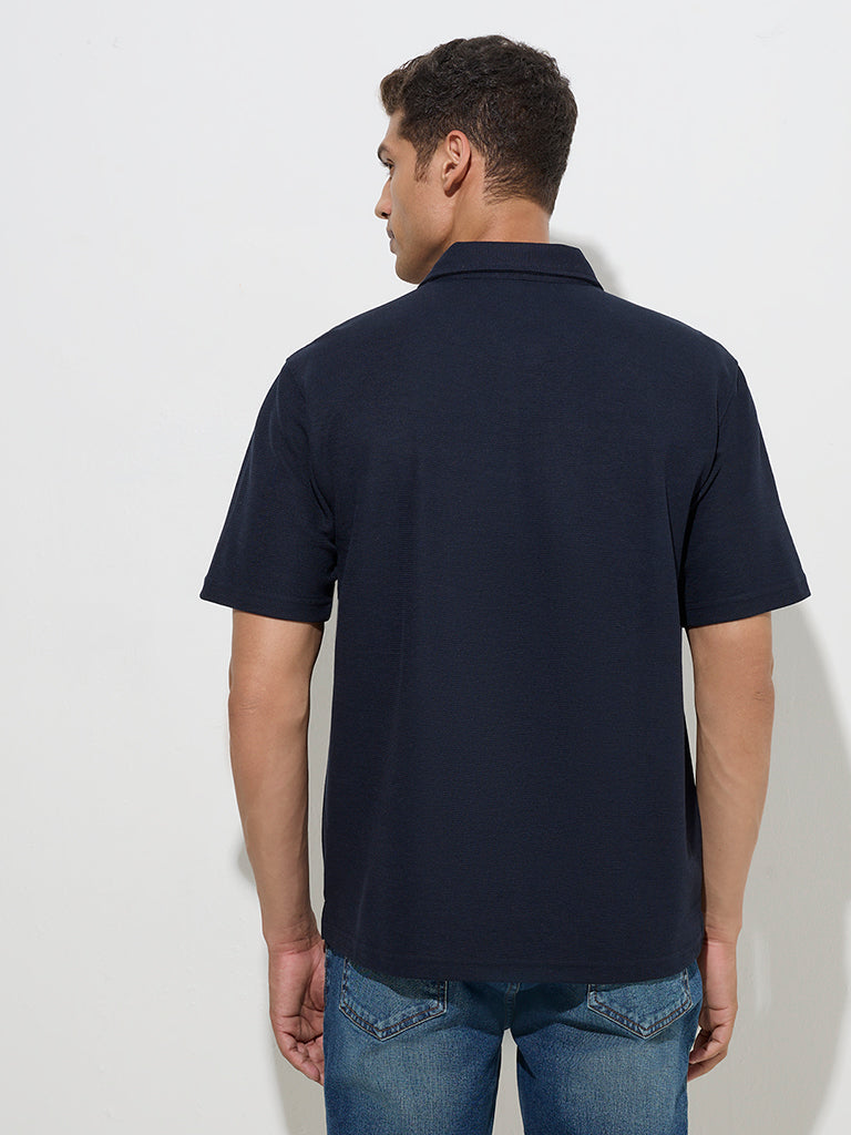 Westside WES Casuals Men's Navy Relaxed-Fit Cotton-Blend Polo T-Shirt for Casual Wear Back View