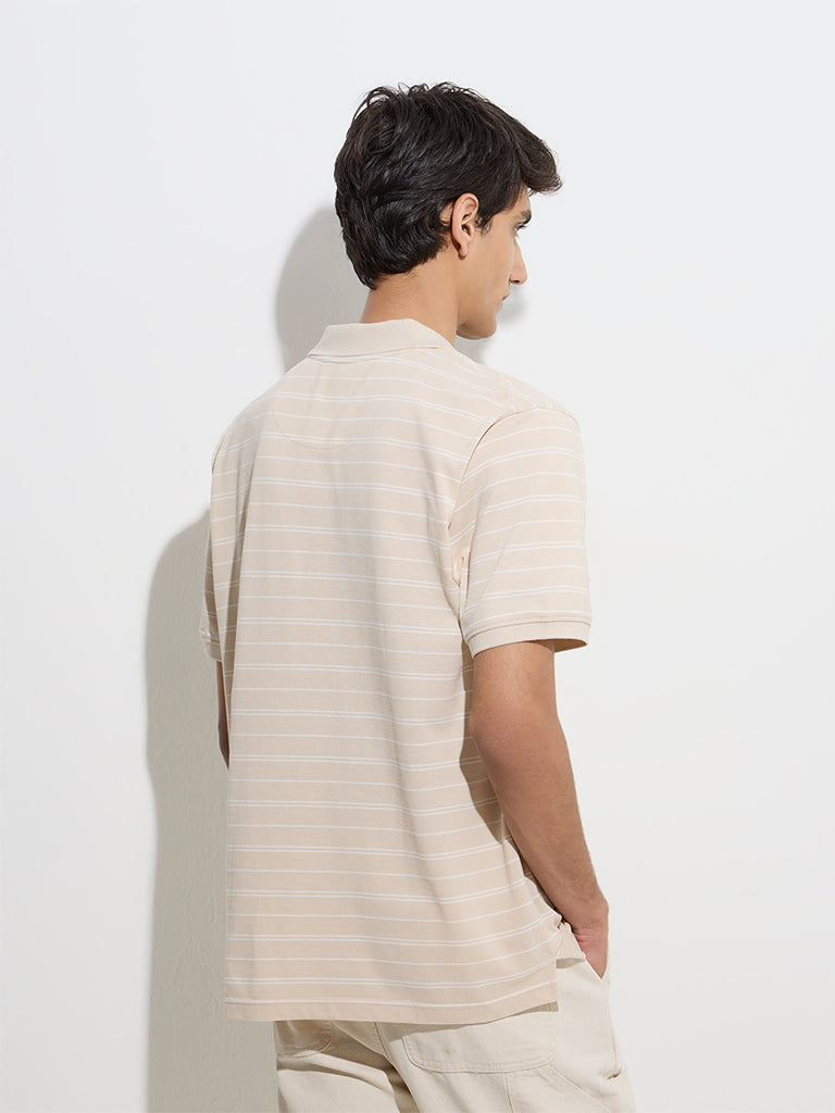 Westside WES Casuals Men's Beige Relaxed-Fit Cotton-Blend Polo T-Shirt for Casual Wear Back View