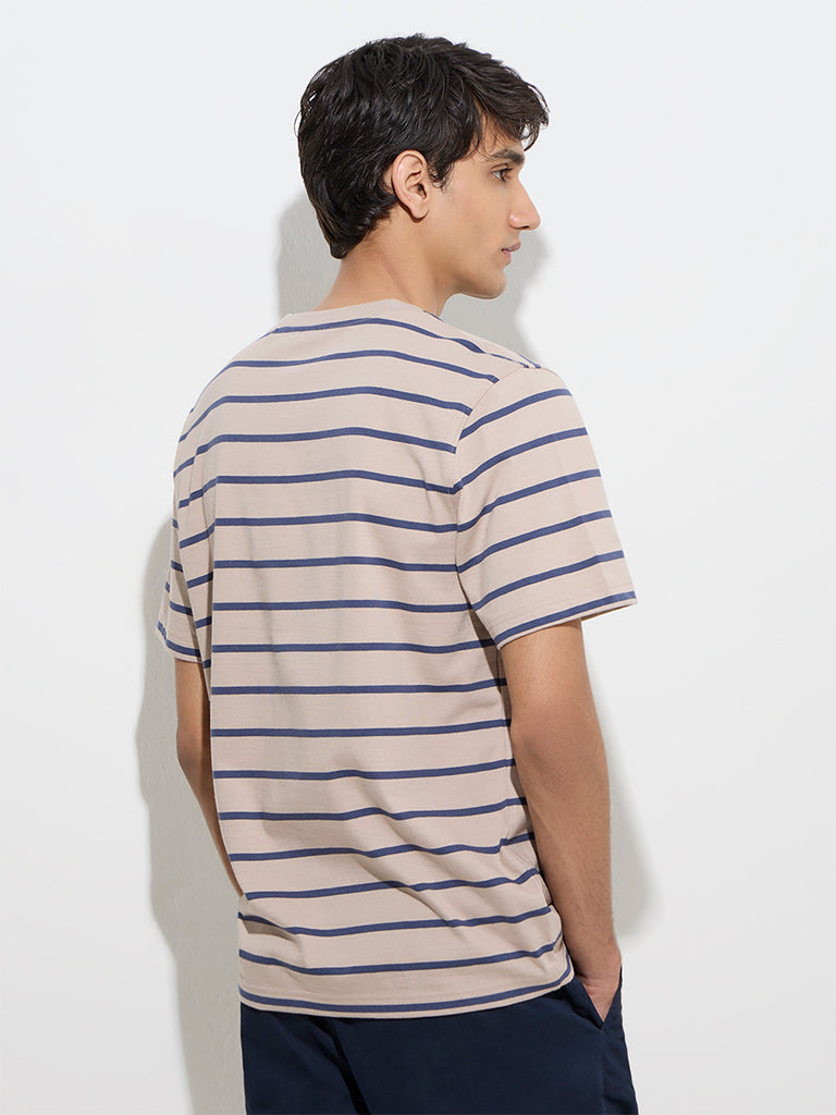 Westside WES Casuals Men's Taupe Striped Relaxed-Fit Cotton T-Shirt for Casual Wear Back View
