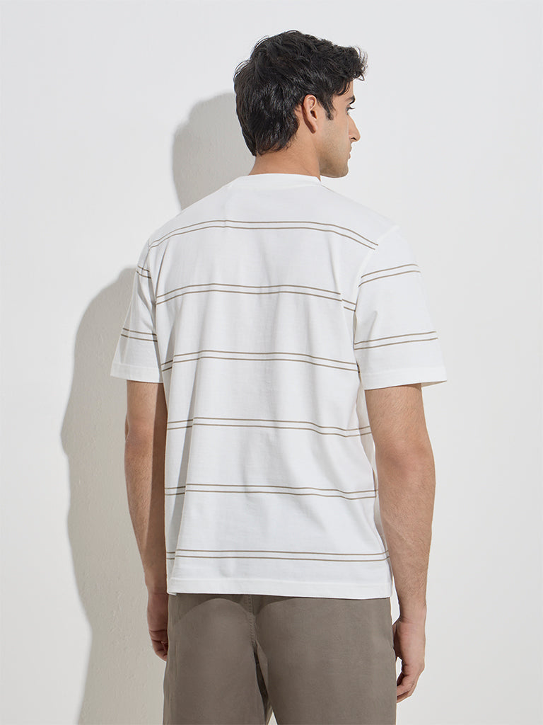 Westside WES Casuals Men's Taupe Striped Relaxed-Fit Cotton T-Shirt for Casual Wear Back View