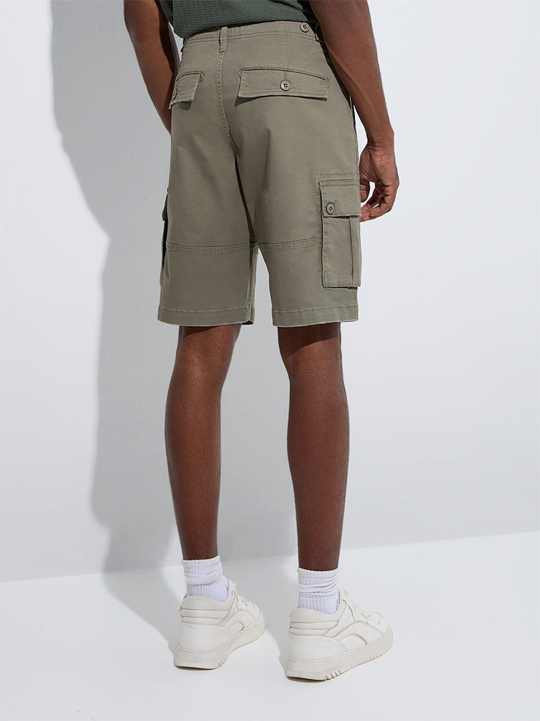 westisde WES Casuals Men's Olive Relaxed-Fit Mid-Rise Denim Shorts for Casual Wear Back View