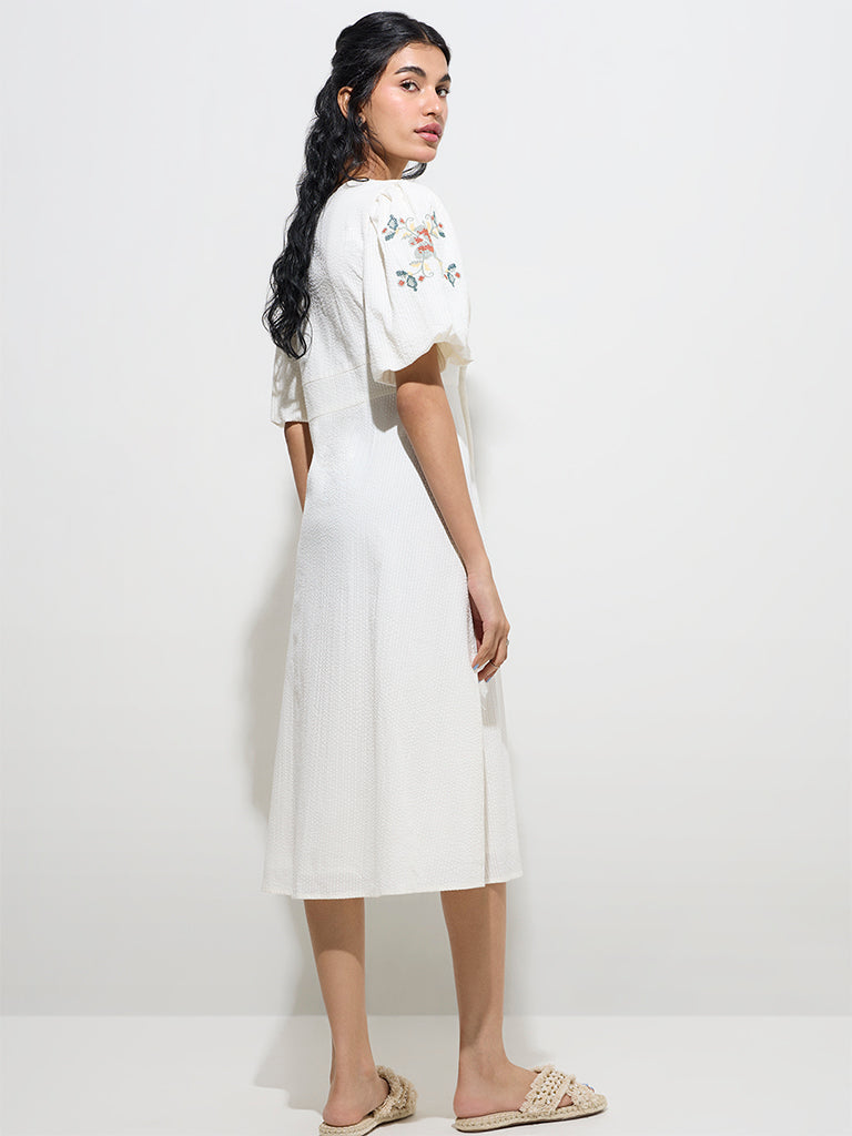 Westside Bombay Paisley Women's Off-White Embroidered Cotton A-Line Dress for Everyday Back View