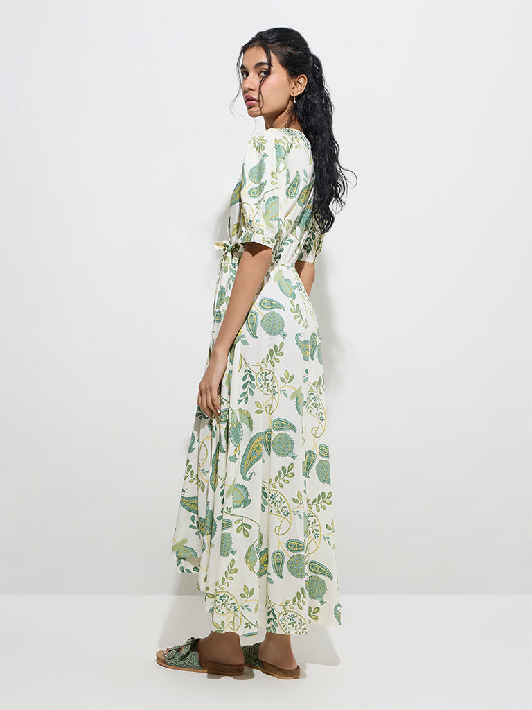 Westside Bombay Paisley Women's Off-White Paisley Printed Wrap-Style Dress for Everyday Back View