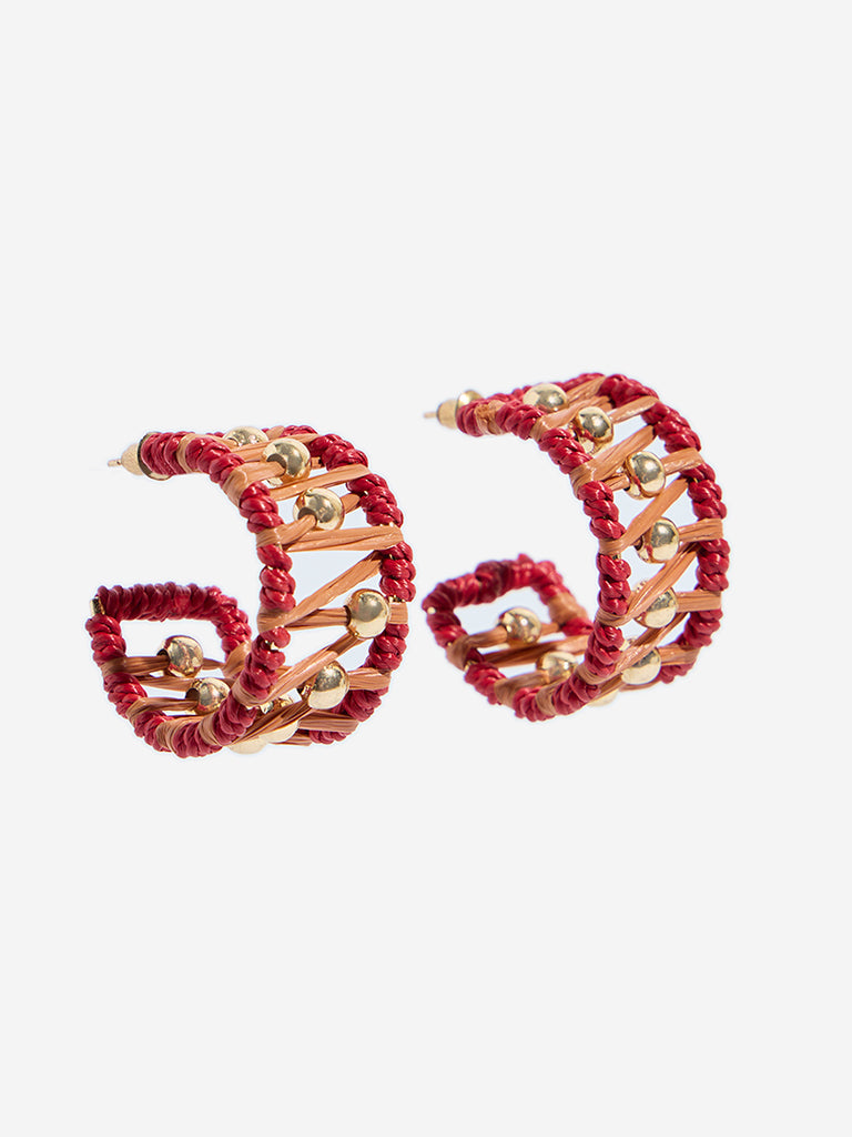 Westside Accessories Red & Orange Woven Cord and Metal Bead Hoop Earrings
