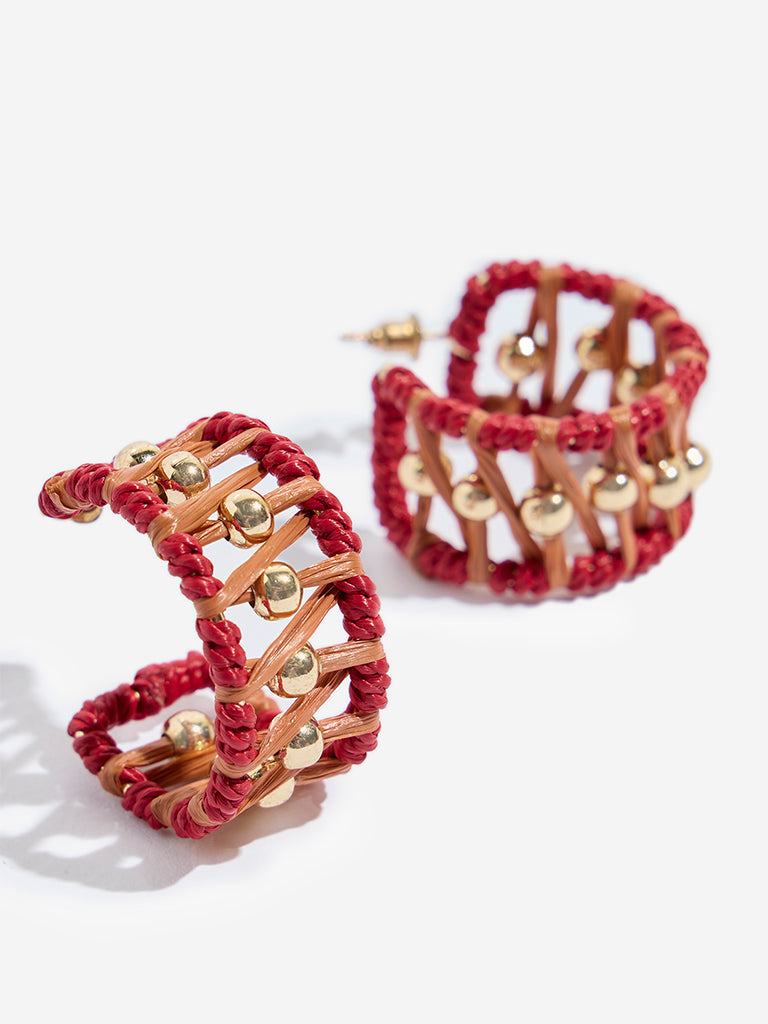 Westside Accessories Red & Orange Woven Cord and Metal Bead Hoop Earrings