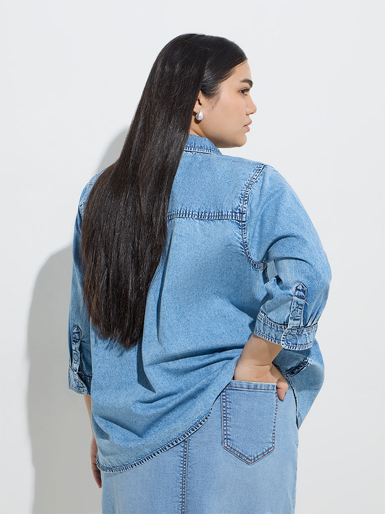 Westside Gia Women's Blue Washed Denim Shirt for Casual Wear Back View