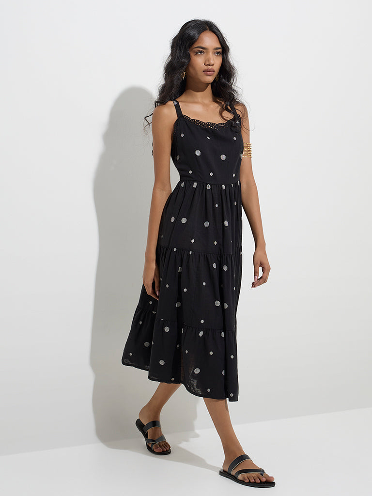 Utsa Black Geometric Design Cotton Tiered Dress