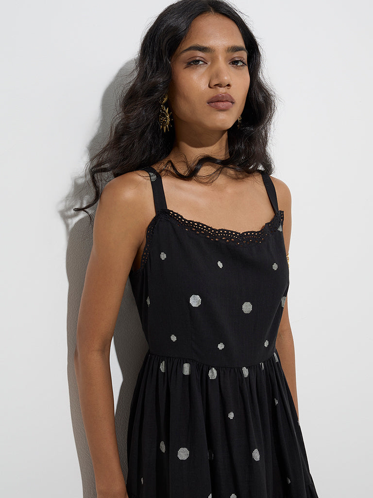 Utsa Black Geometric Design Cotton Tiered Dress