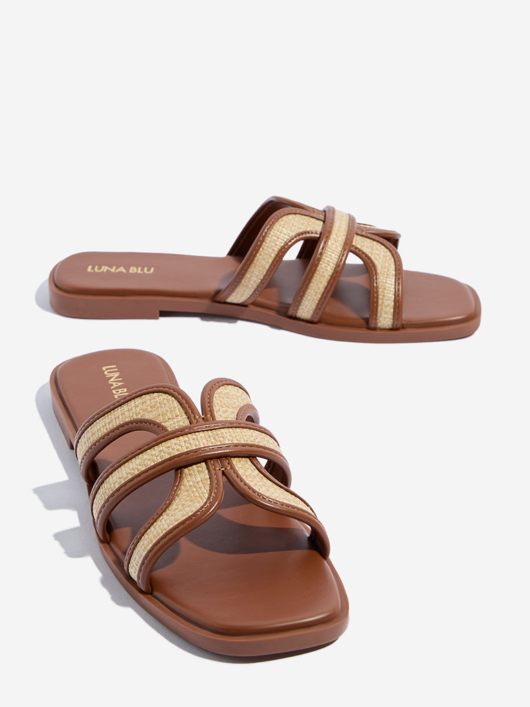 Westside LUNA BLU Women's Tan Multi-Strap Slides Zoomed View