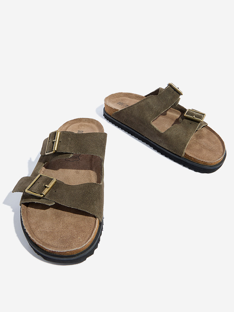 Westside SOLEPLAY Men's Olive Dual-Strap Leather Sandals Zoomed View