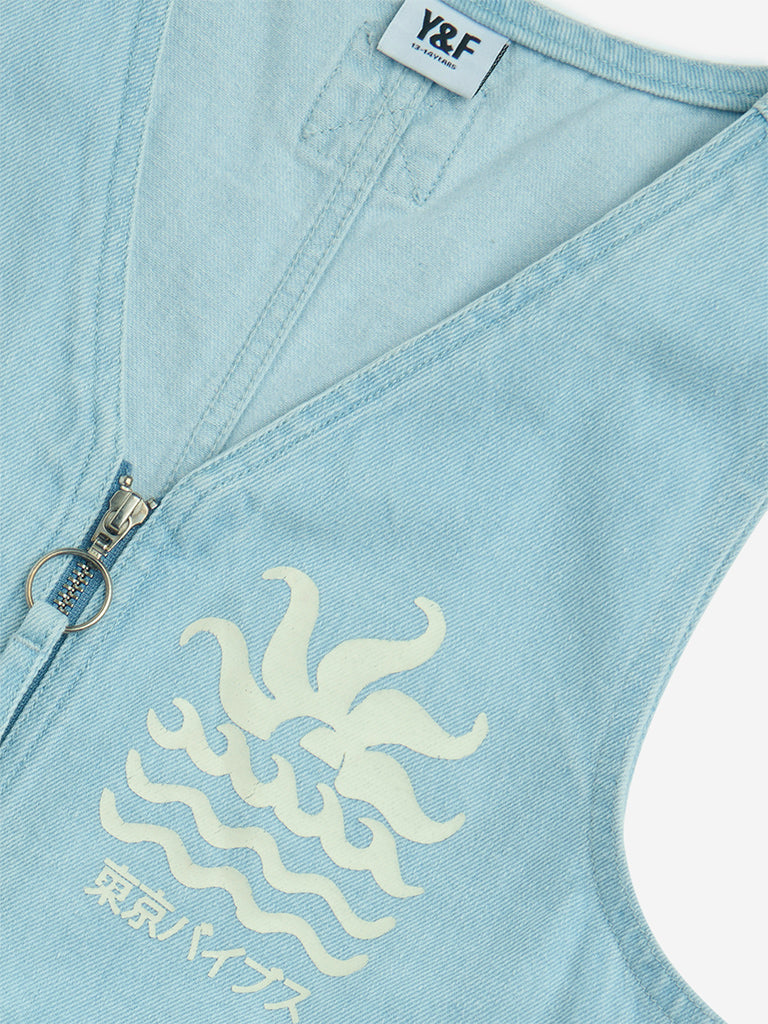 Westside Y&F Boys' Kids Blue Text-Printed Denim Jacket for Casual Wear Zoom View