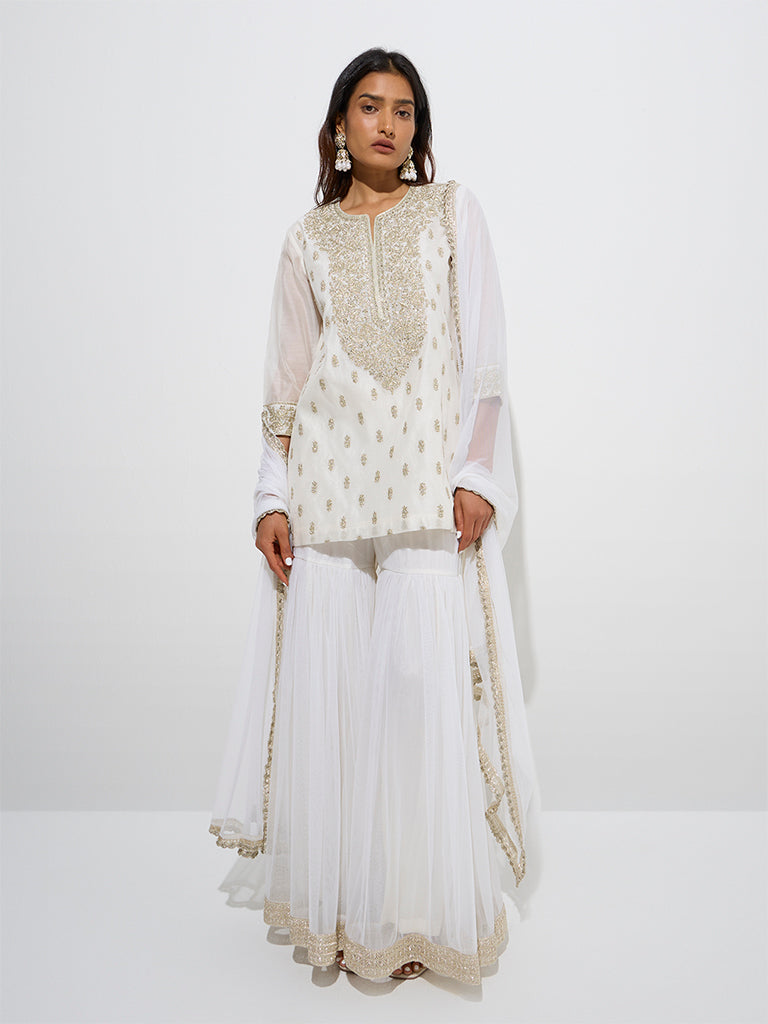 Vark Off-White Cotton-Blend Kurti, Sharara and Dupatta Set