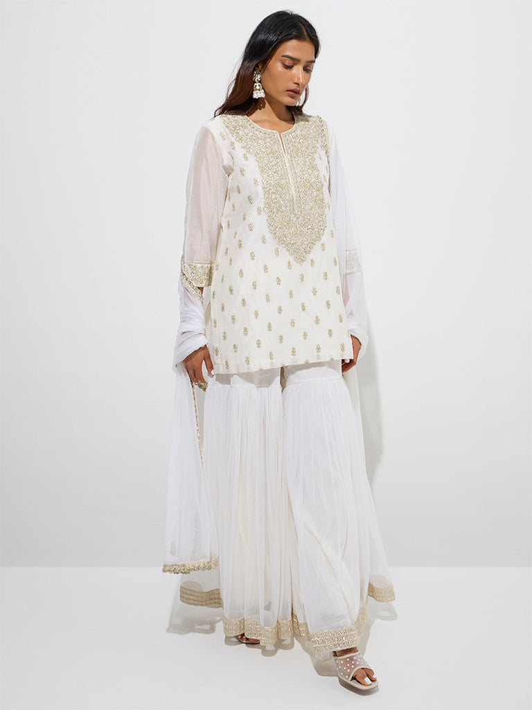 Vark Off-White Cotton-Blend Kurti, Sharara and Dupatta Set