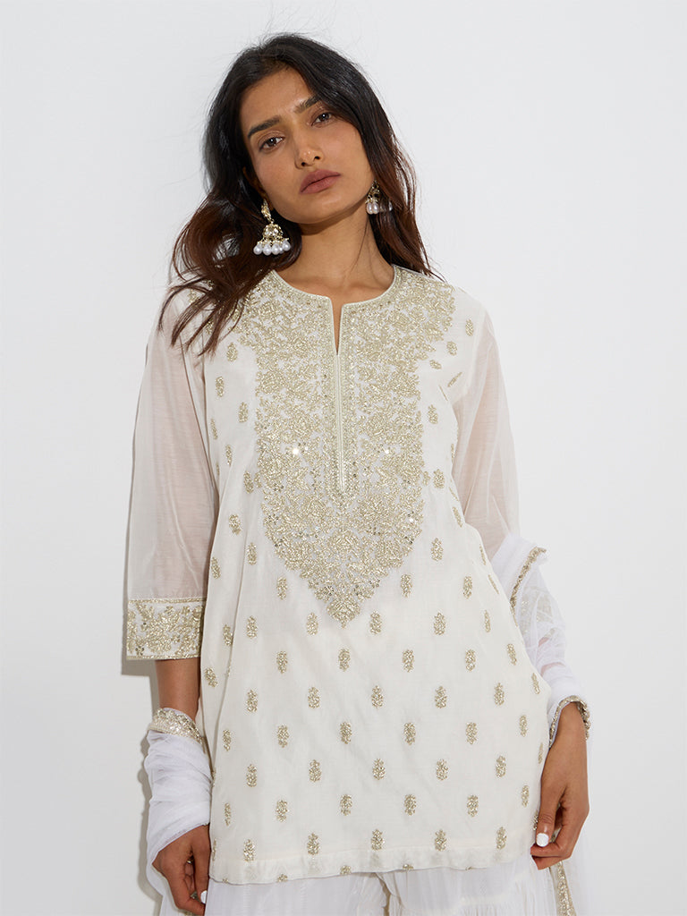 Vark Off-White Cotton-Blend Kurti, Sharara and Dupatta Set