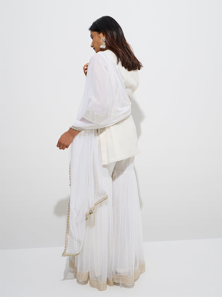 Vark Off-White Cotton-Blend Kurti, Sharara and Dupatta Set