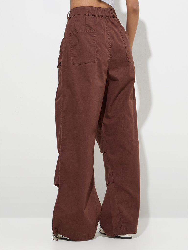 Westside Nuon Women's Brown Cotton-Blend High-Rise Trousers for Casual Wear Back View